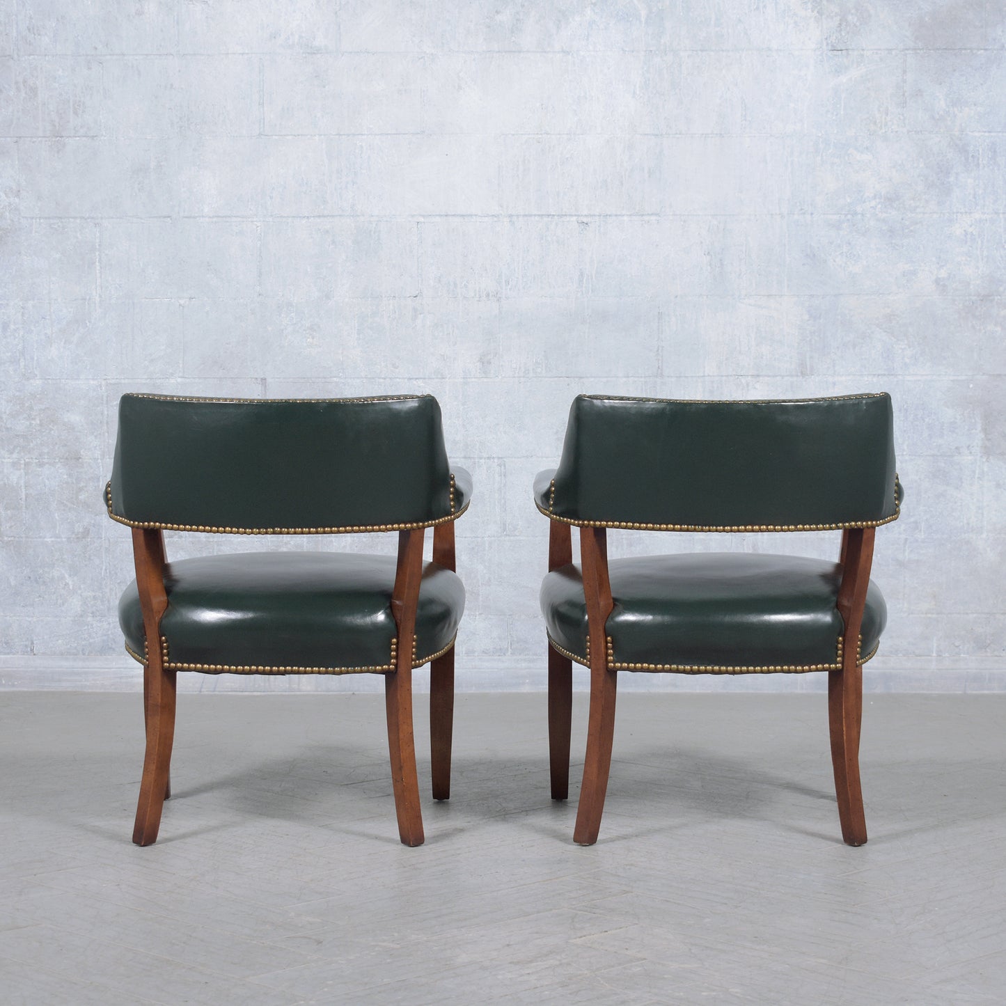 Restored Mahogany Barrel Armchairs with Dark Green Leather - Vintage Elegance