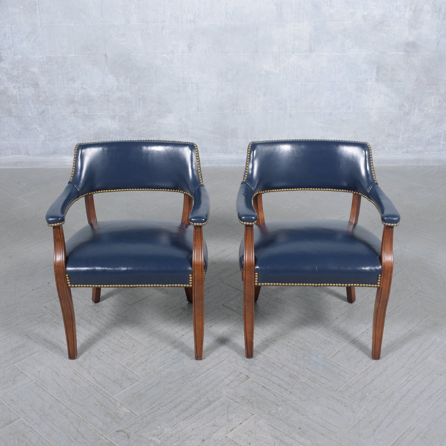 Restored Mahogany Barrel Armchairs with Navy Blue Leather - Vintage Elegance