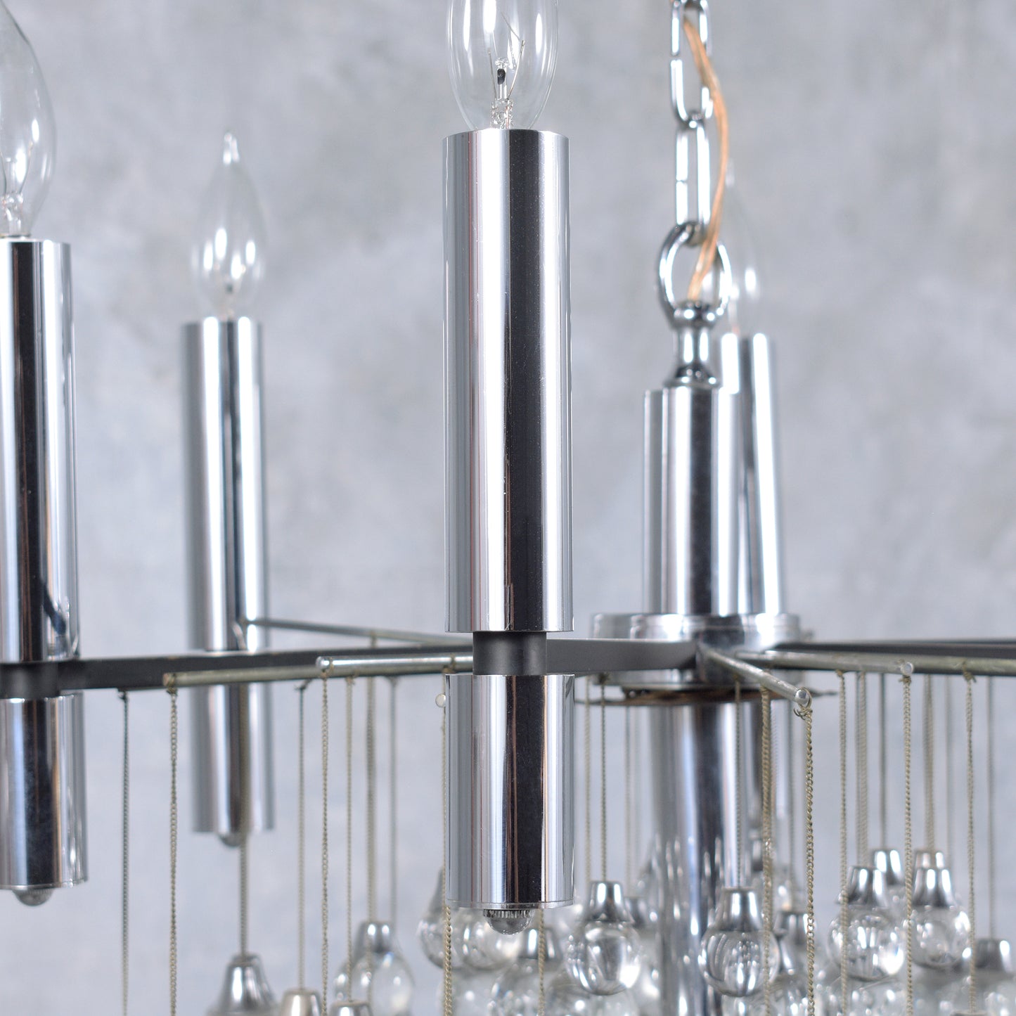 Vintage 1960s Chrome Chandelier with Glass Drop Spheres - Fully Restored