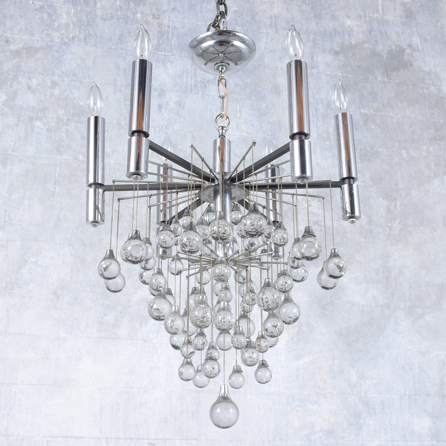 Vintage 1960s Chrome Chandelier with Glass Drop Spheres - Fully Restored