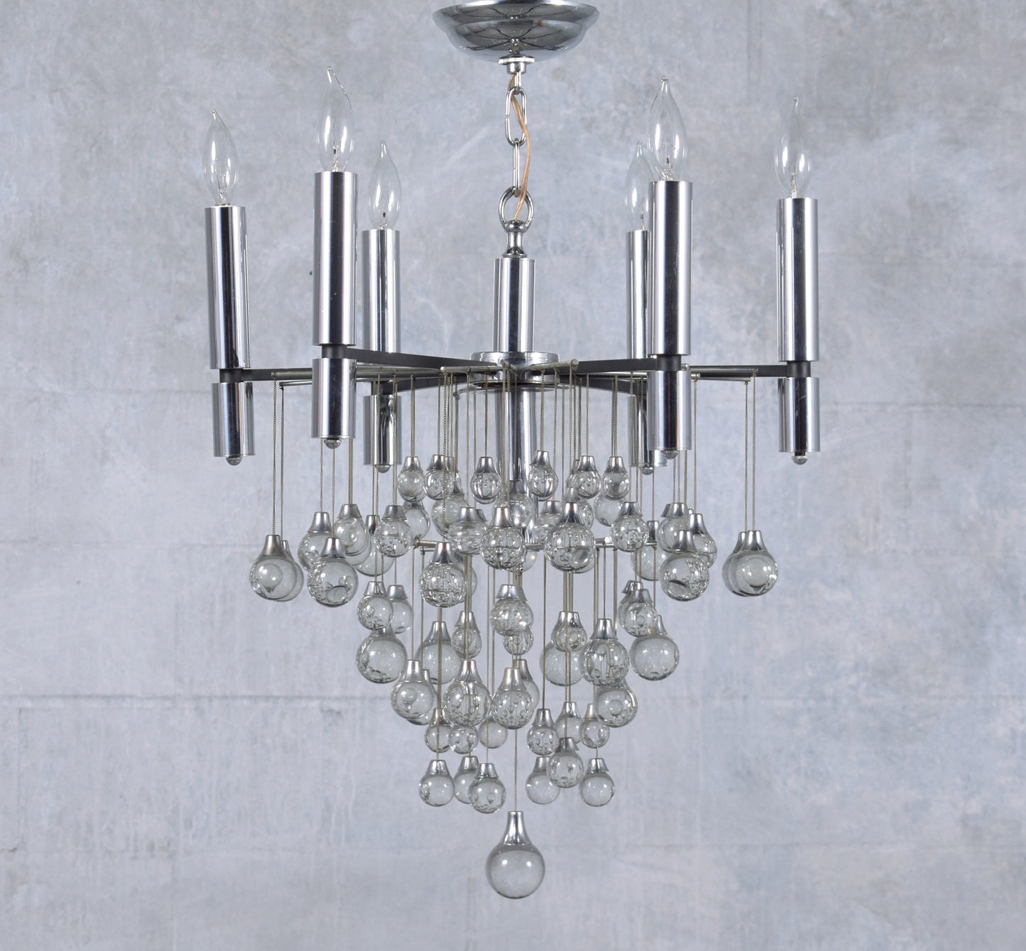 Vintage 1960s Chrome Chandelier with Glass Drop Spheres - Fully Restored