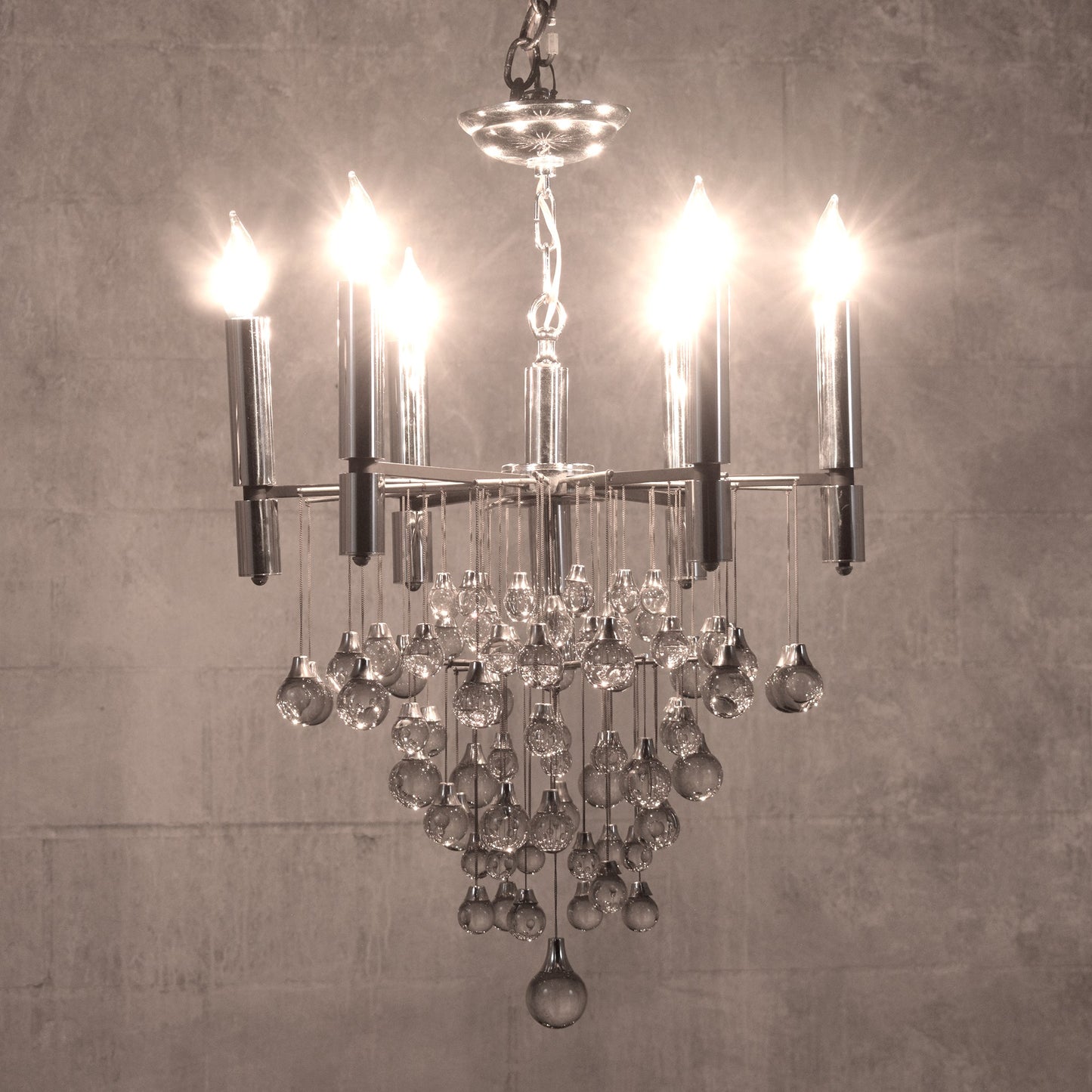 Vintage 1960s Chrome Chandelier with Glass Drop Spheres - Fully Restored