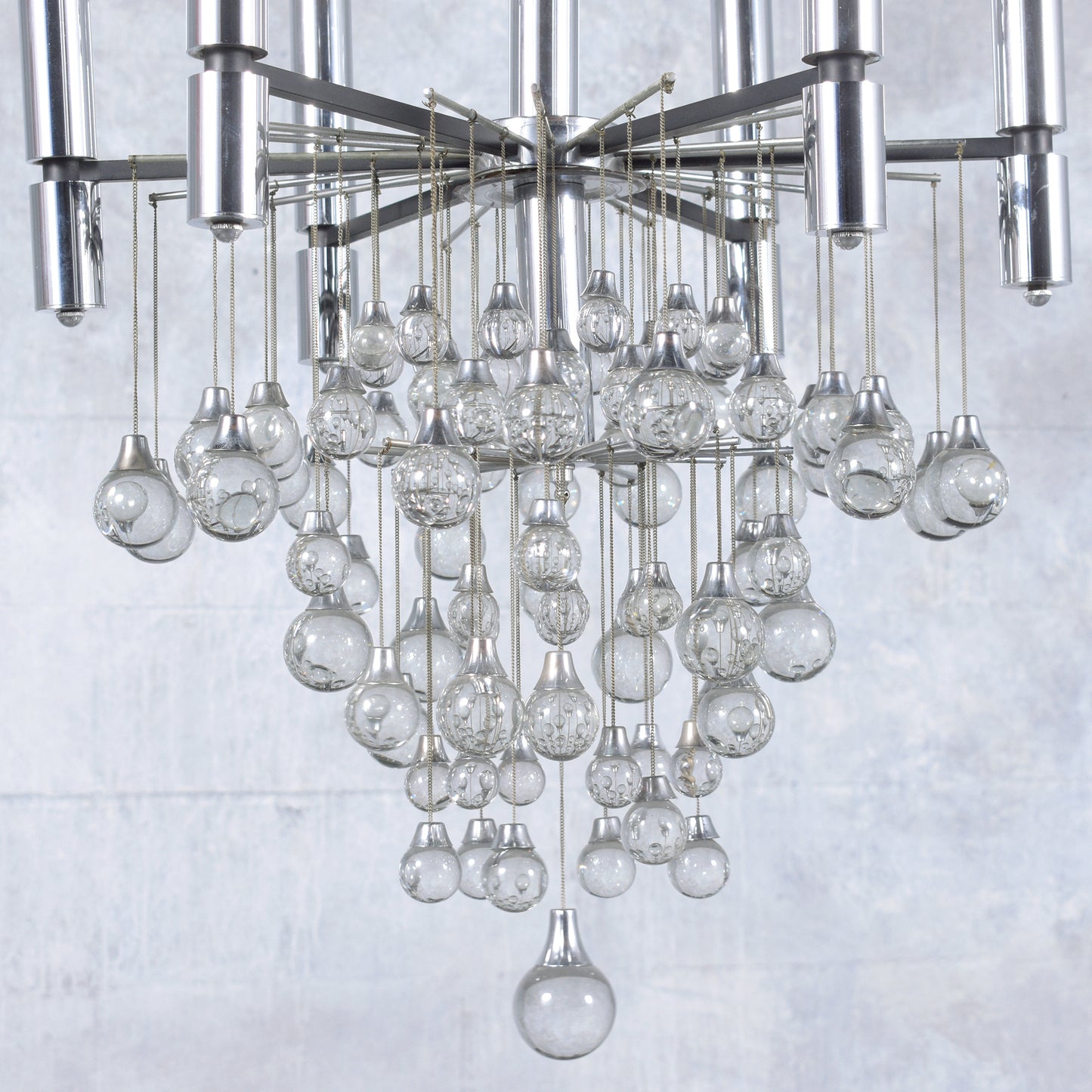 Vintage 1960s Chrome Chandelier with Glass Drop Spheres - Fully Restored