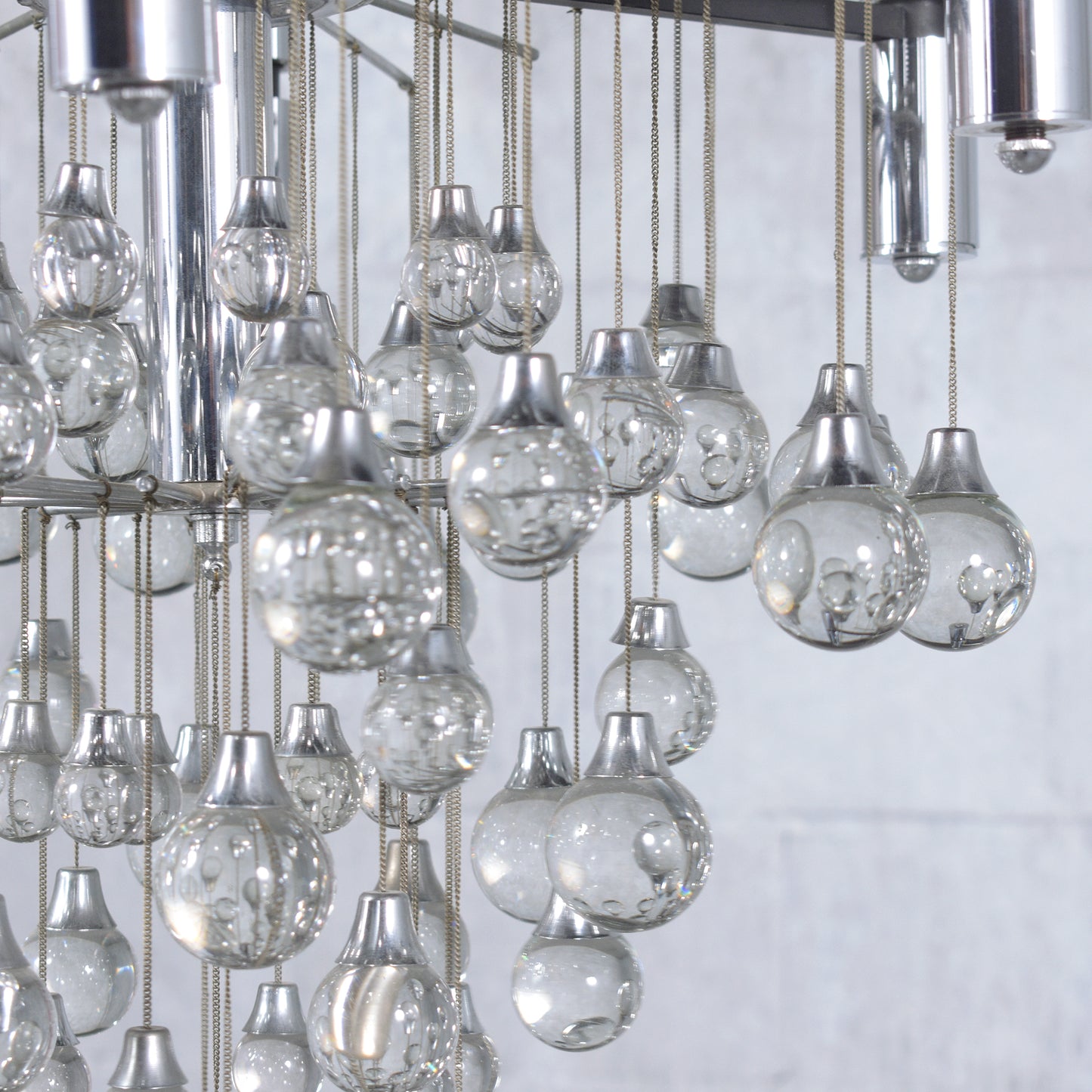 Vintage 1960s Chrome Chandelier with Glass Drop Spheres - Fully Restored