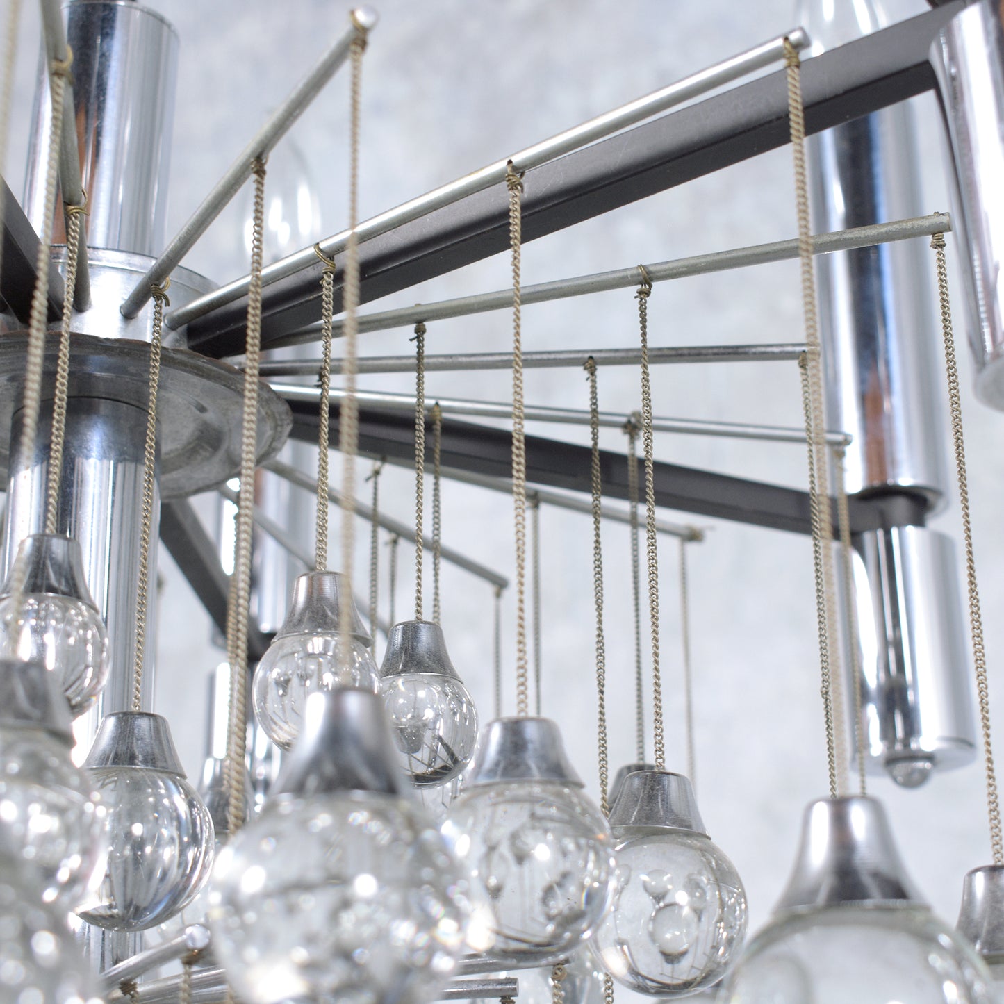 Vintage 1960s Chrome Chandelier with Glass Drop Spheres - Fully Restored