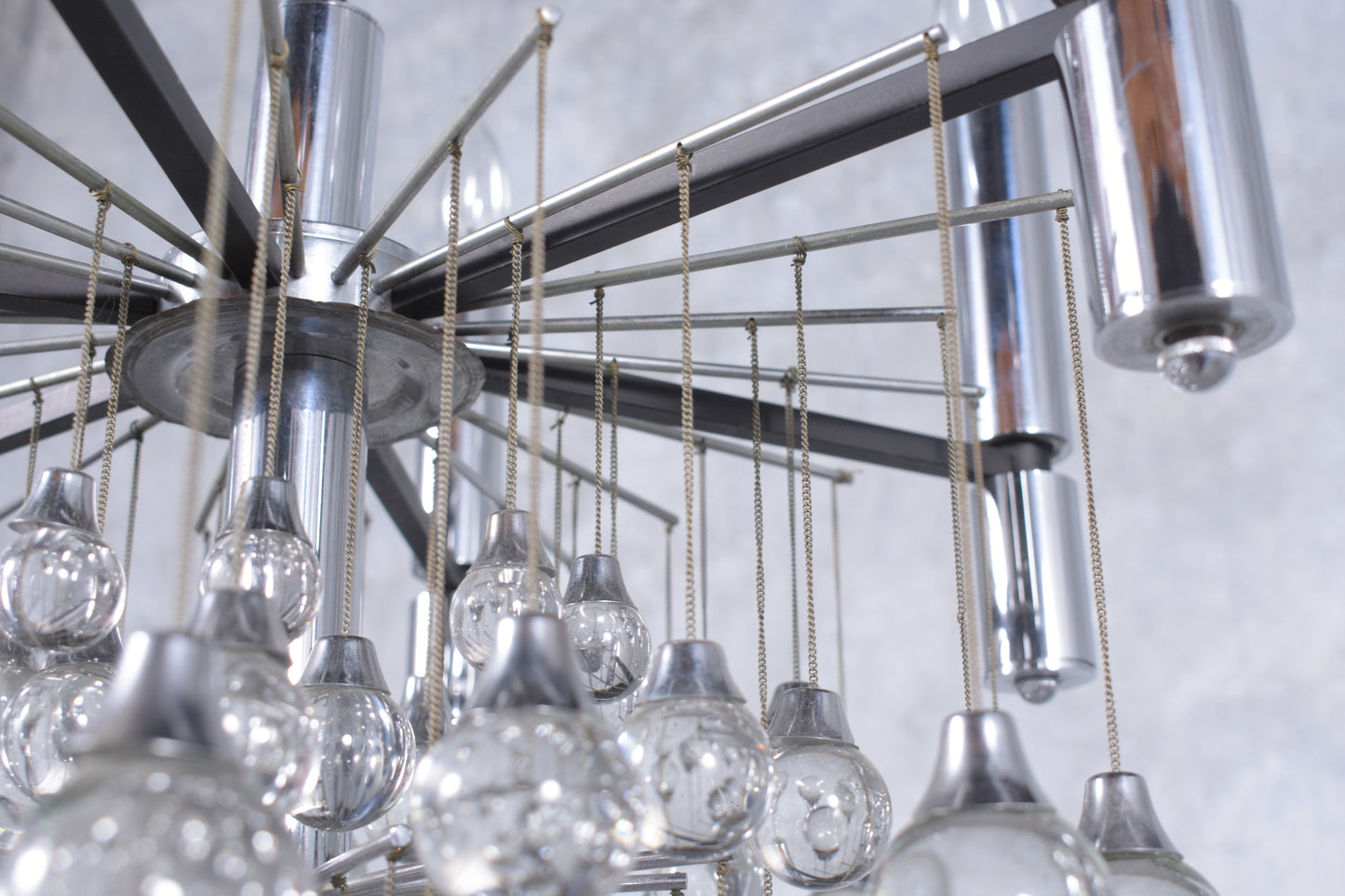 Vintage 1960s Chrome Chandelier with Glass Drop Spheres - Fully Restored