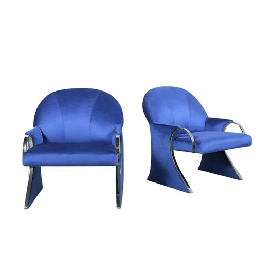 Pair of Mid-Century Modern Lounge Chairs in Dark Blue Velvet with Chrome Details