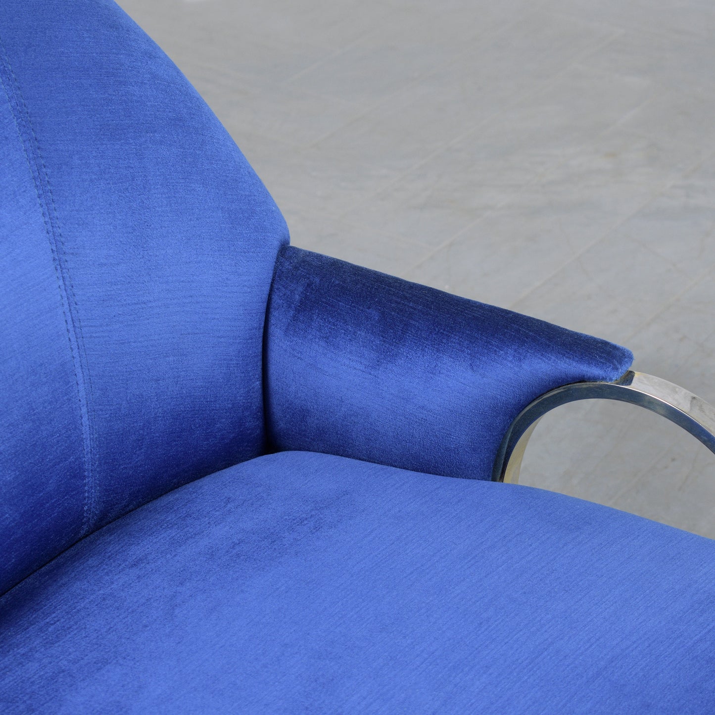 Pair of Mid-Century Modern Lounge Chairs in Dark Blue Velvet with Chrome Details