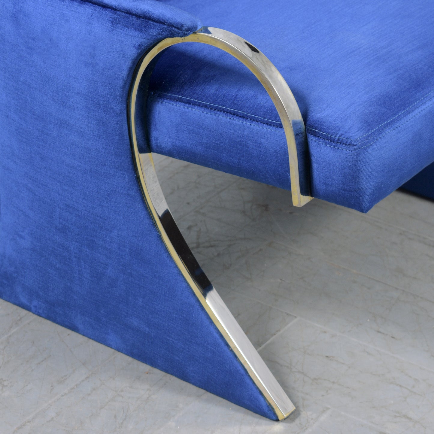 Pair of Mid-Century Modern Lounge Chairs in Dark Blue Velvet with Chrome Details