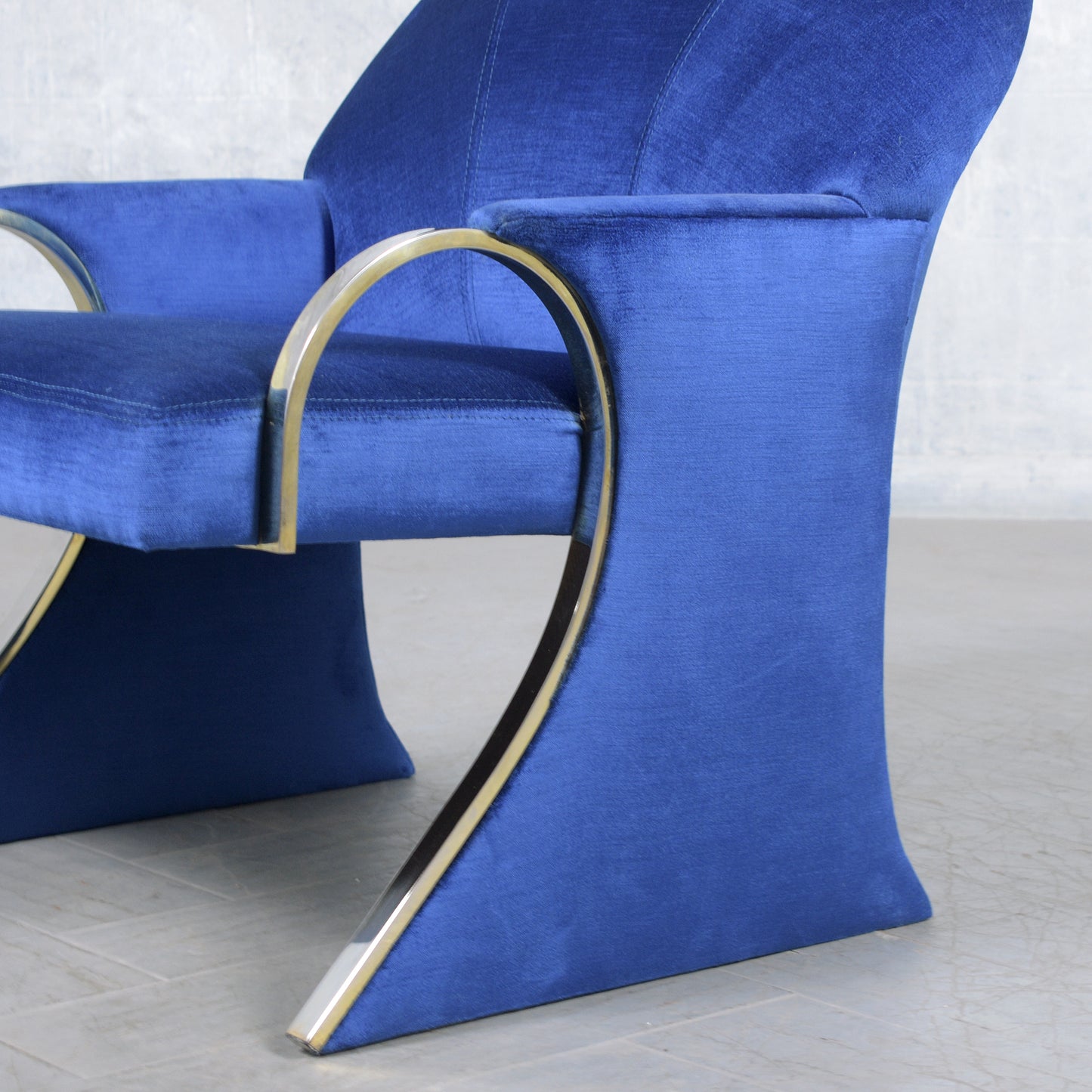 Pair of Mid-Century Modern Lounge Chairs in Dark Blue Velvet with Chrome Details