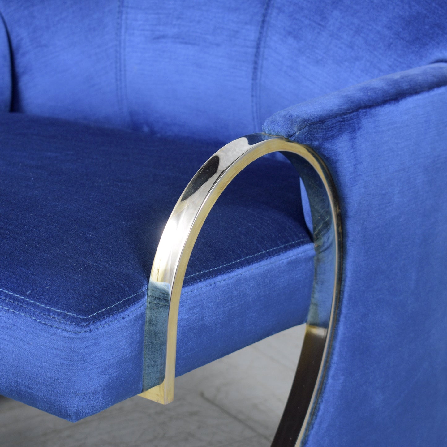 Pair of Mid-Century Modern Lounge Chairs in Dark Blue Velvet with Chrome Details