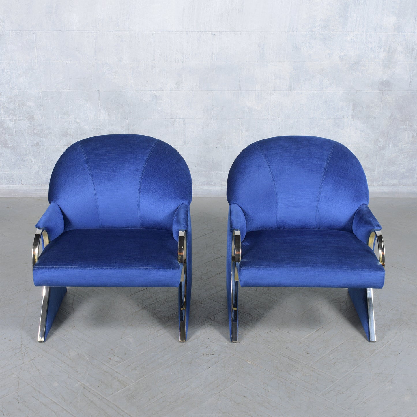 Pair of Mid-Century Modern Lounge Chairs in Dark Blue Velvet with Chrome Details