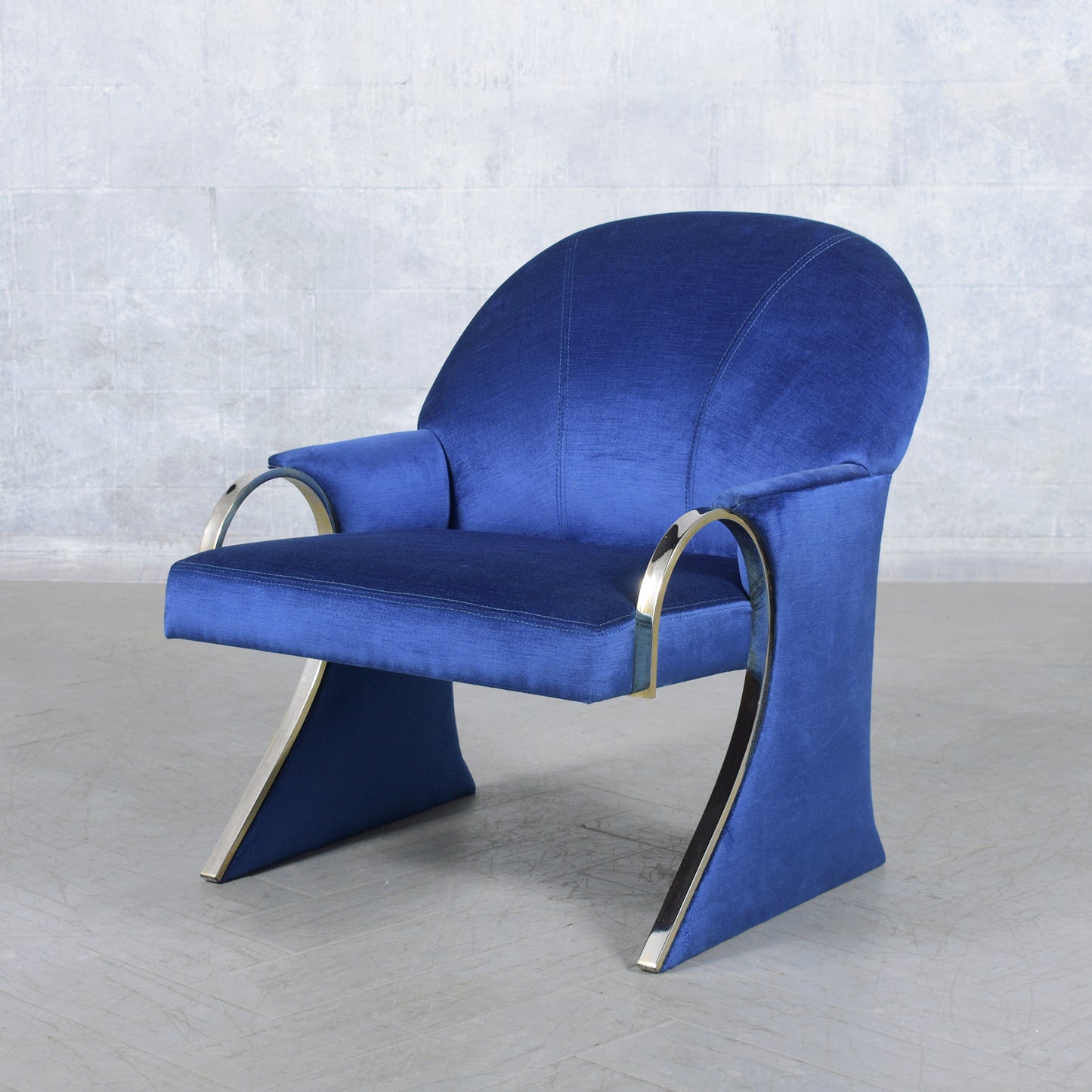 Pair of Mid-Century Modern Lounge Chairs in Dark Blue Velvet with Chrome Details