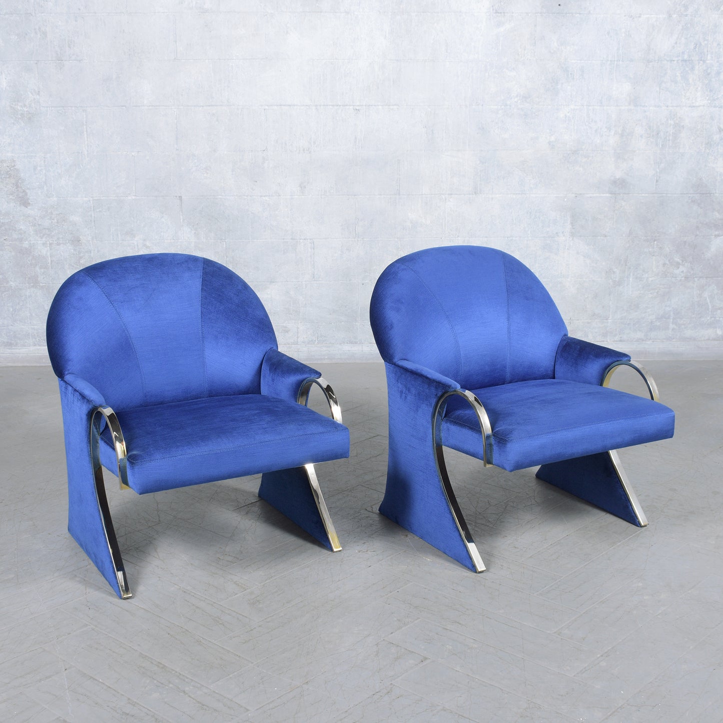 Pair of Mid-Century Modern Lounge Chairs in Dark Blue Velvet with Chrome Details