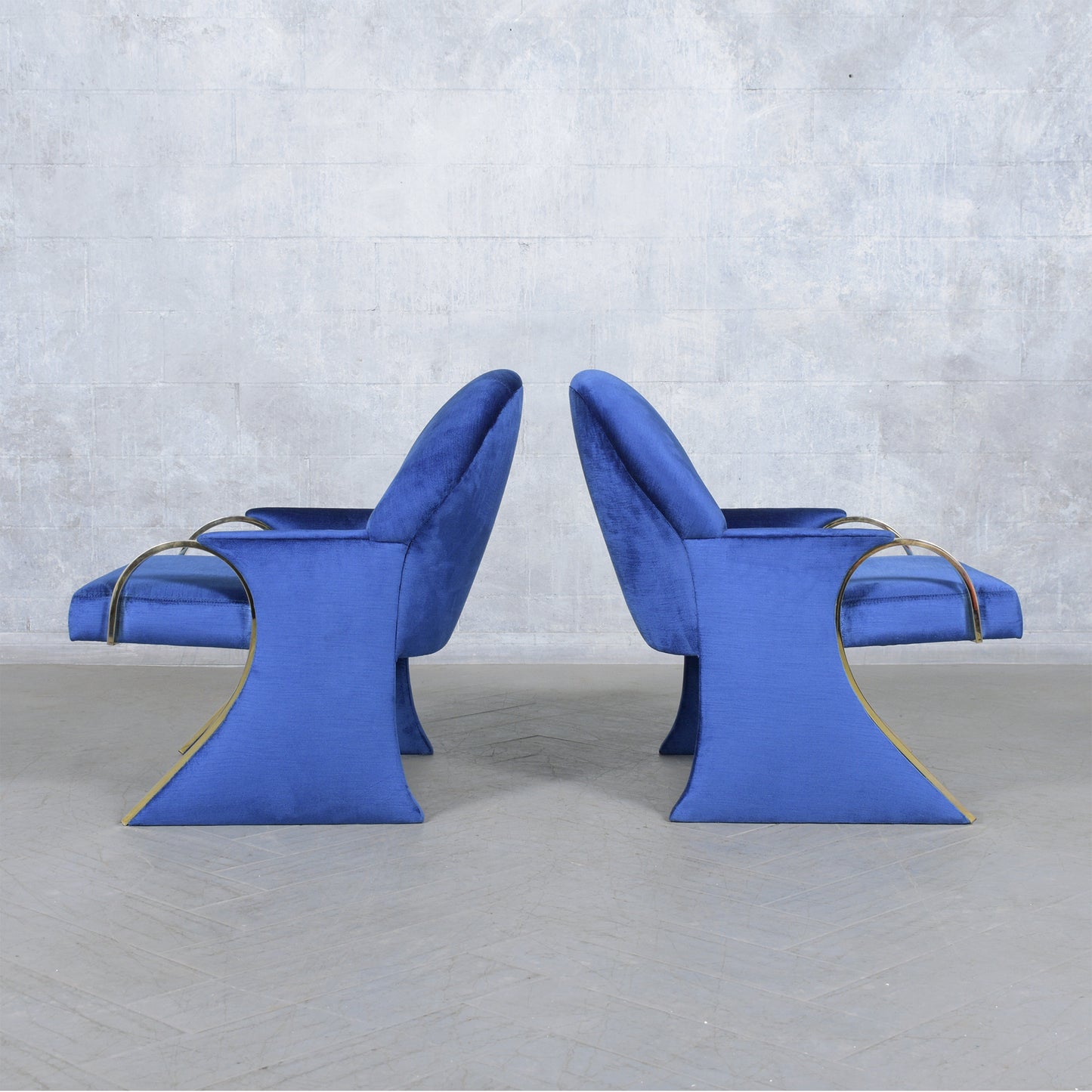 Pair of Mid-Century Modern Lounge Chairs in Dark Blue Velvet with Chrome Details