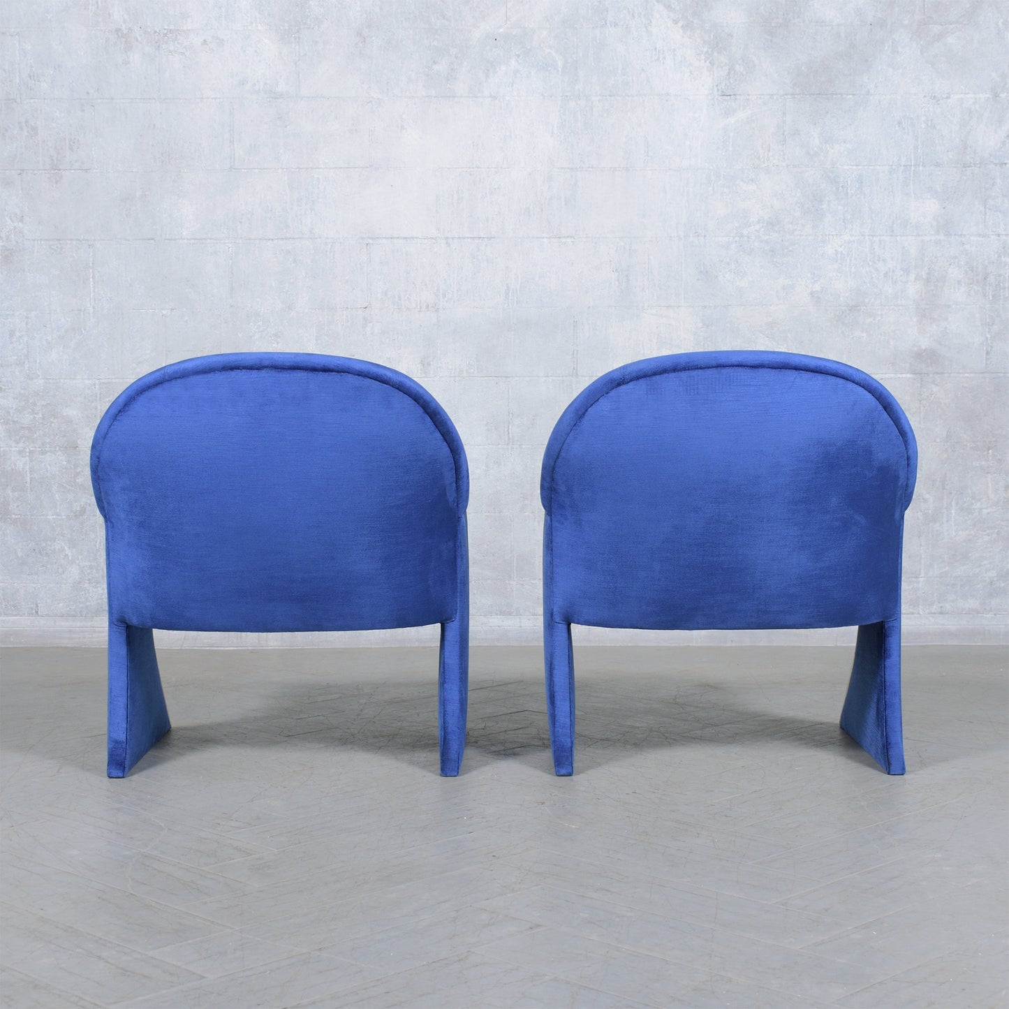 Pair of Mid-Century Modern Lounge Chairs in Dark Blue Velvet with Chrome Details