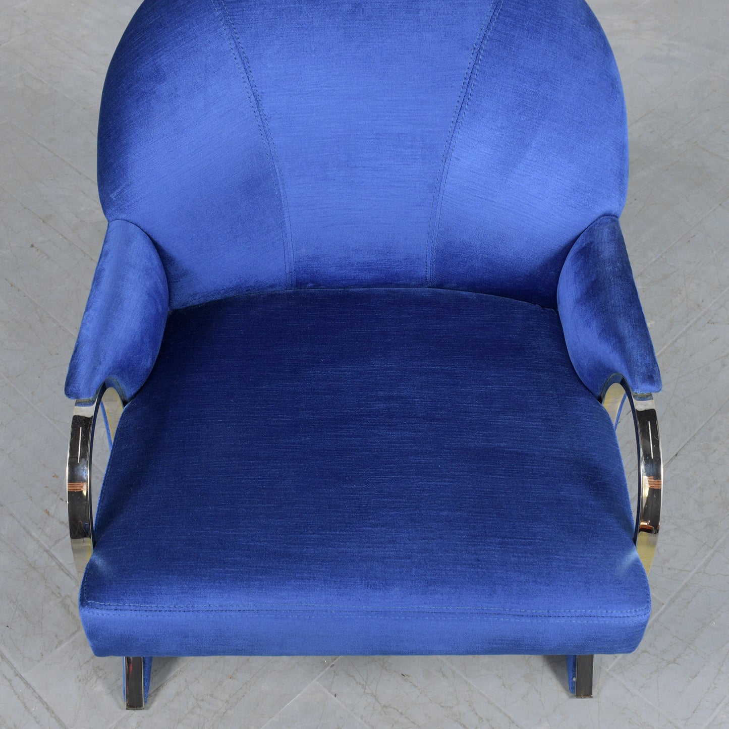 Pair of Mid-Century Modern Lounge Chairs in Dark Blue Velvet with Chrome Details