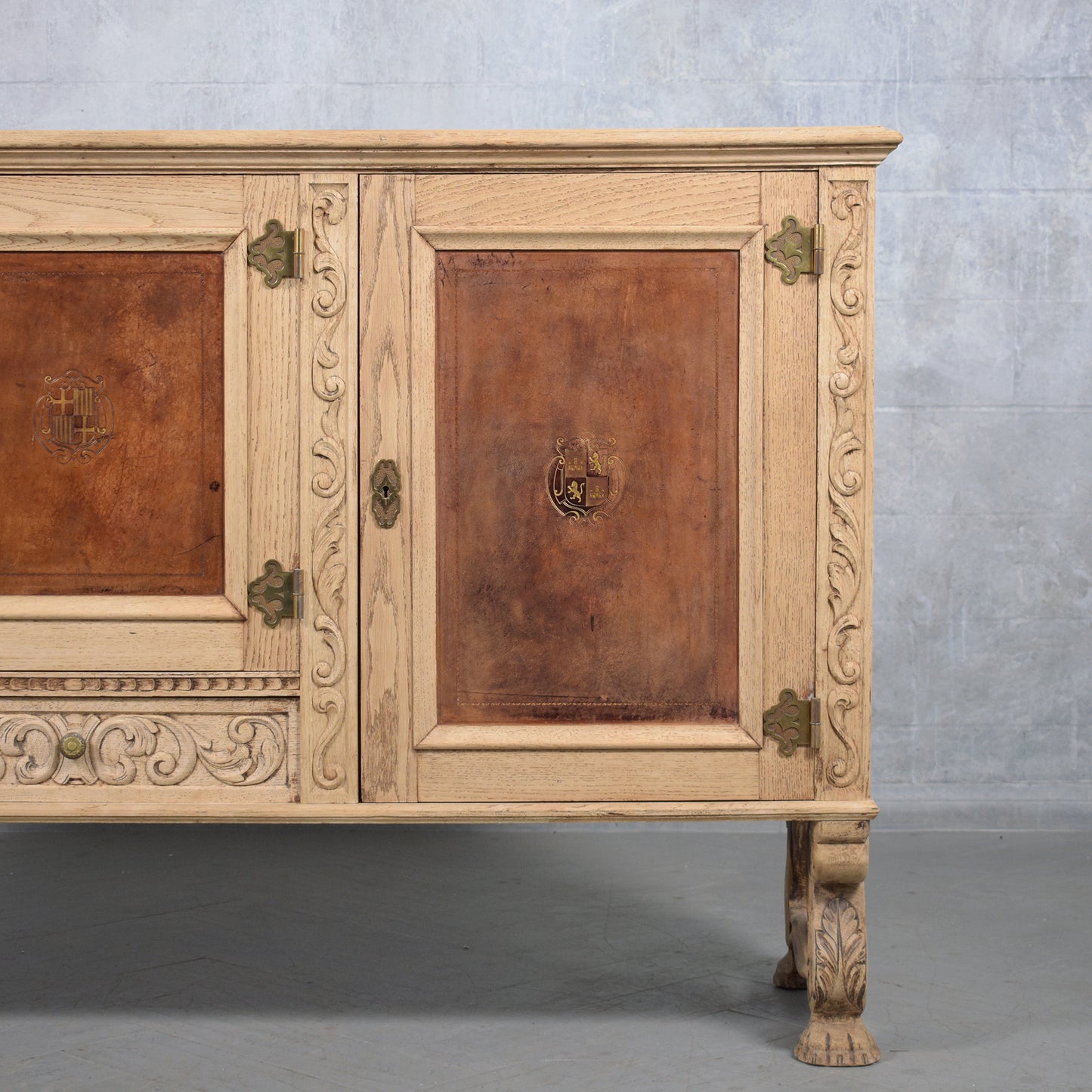 Antique French Oak Buffet with Bleached Finish and Carved Details