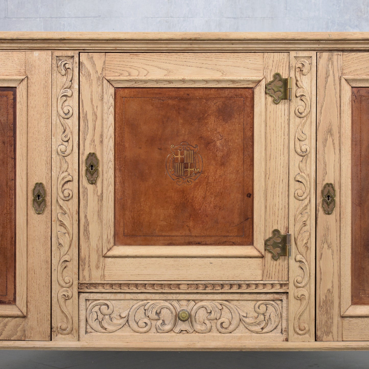 Antique French Oak Buffet with Bleached Finish and Carved Details