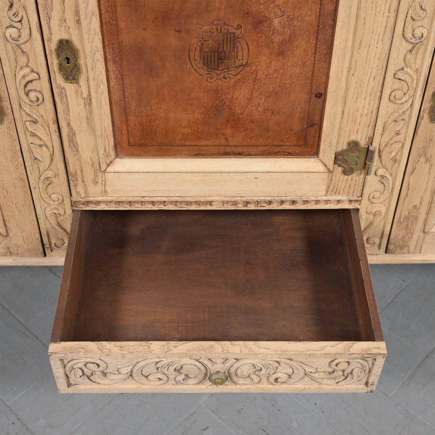 Antique French Oak Buffet with Bleached Finish and Carved Details