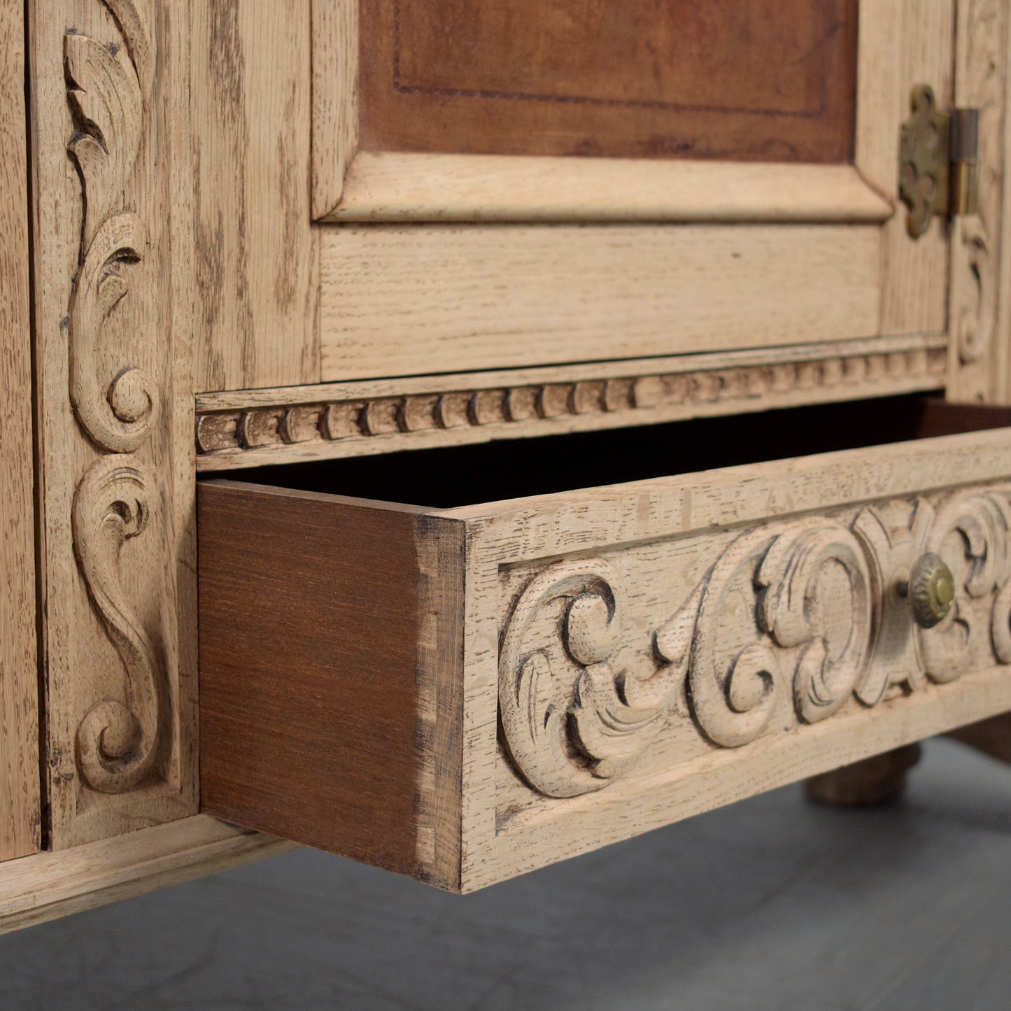 Antique French Oak Buffet with Bleached Finish and Carved Details