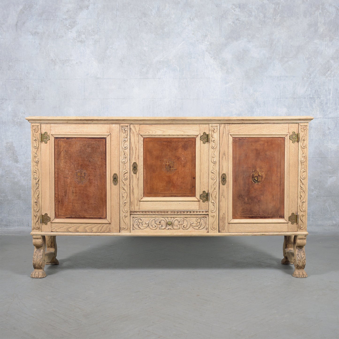 Antique French Oak Buffet with Bleached Finish and Carved Details