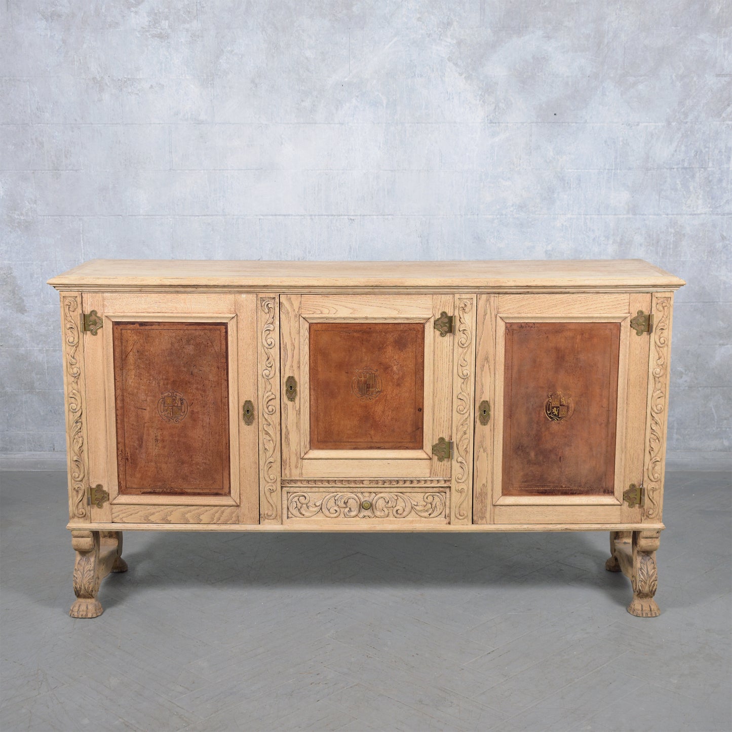 Antique French Oak Buffet with Bleached Finish and Carved Details