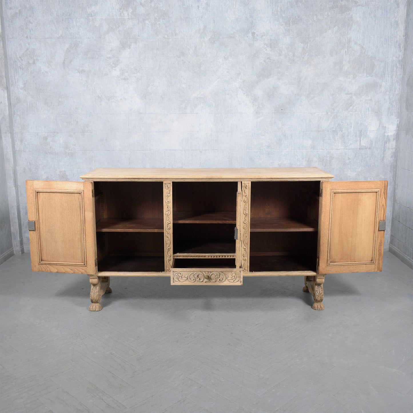 Antique French Oak Buffet with Bleached Finish and Carved Details