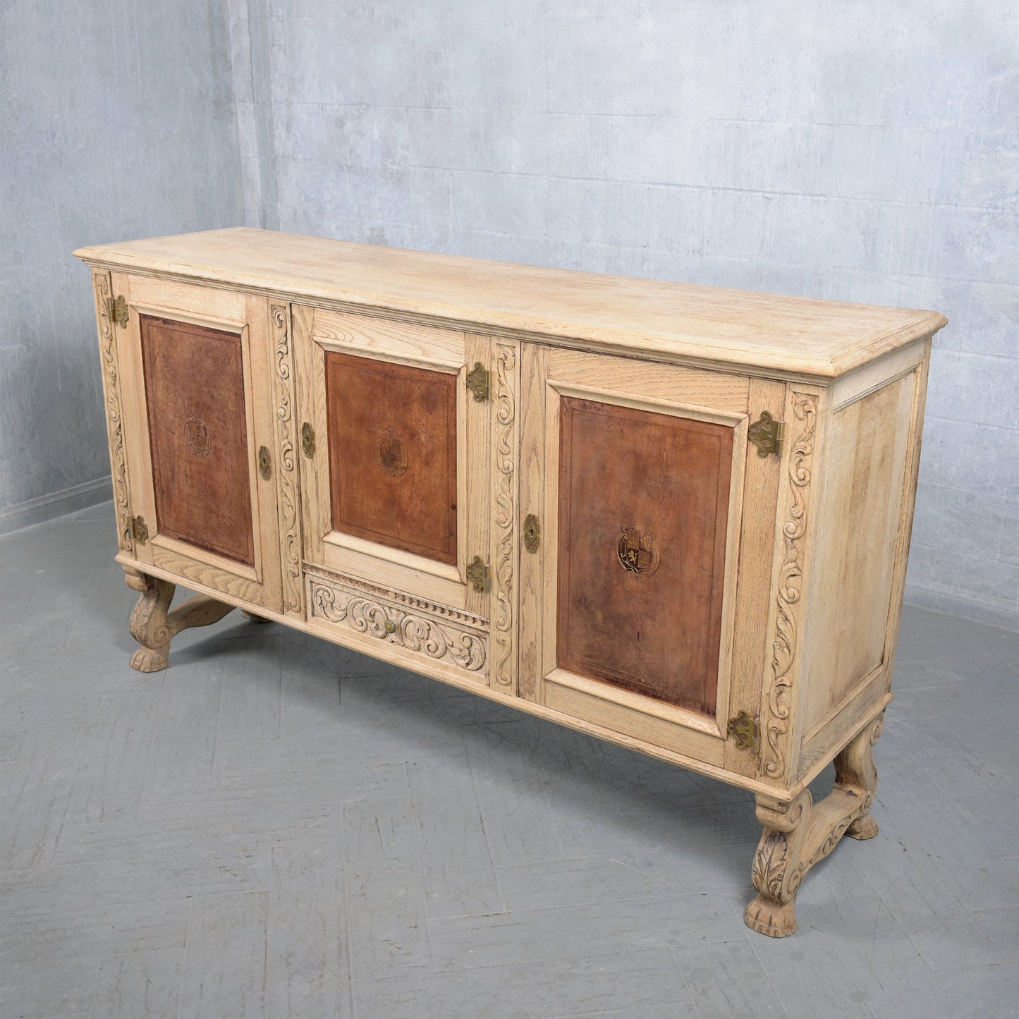 Antique French Oak Buffet with Bleached Finish and Carved Details