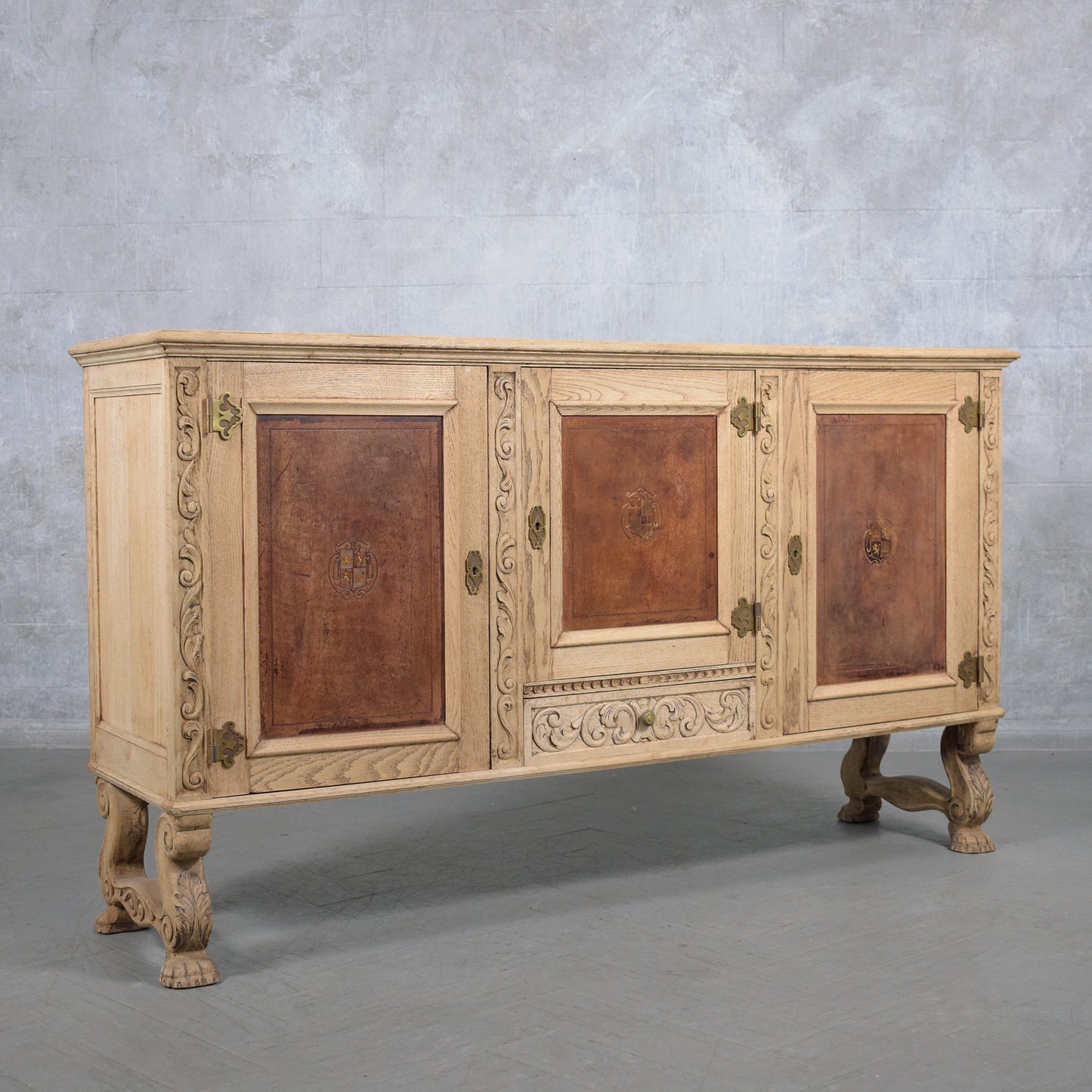 Antique French Oak Buffet with Bleached Finish and Carved Details