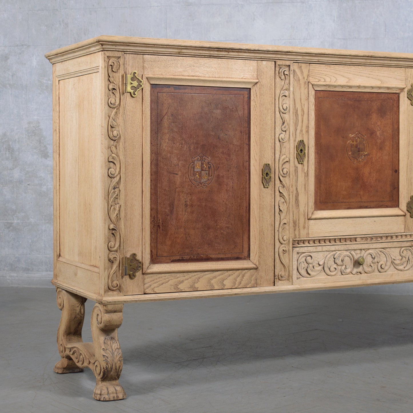 Antique French Oak Buffet with Bleached Finish and Carved Details