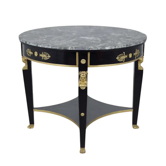 Exquisite French Empire-Style Mahogany Round Center Table with Green Marble Top