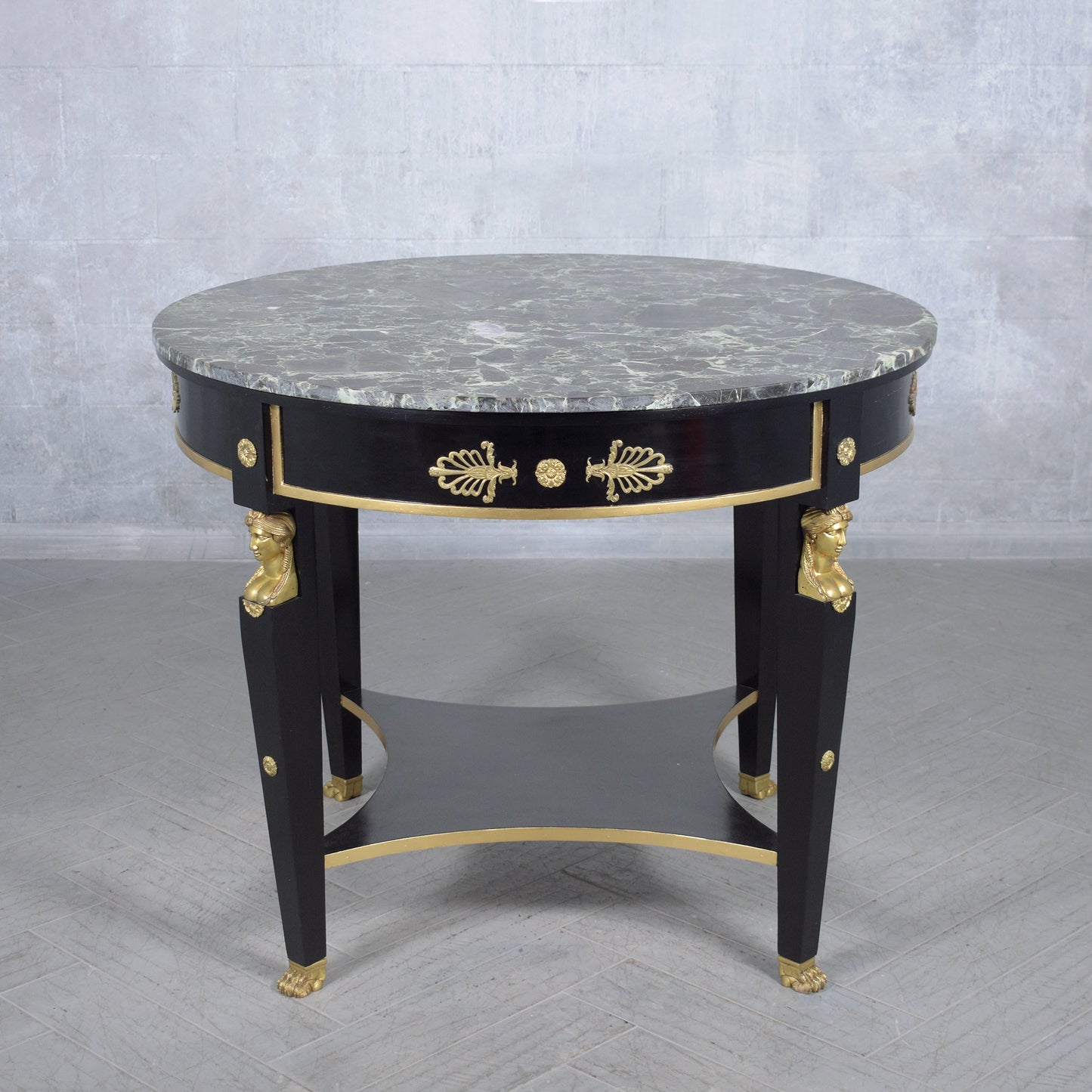 Exquisite French Empire-Style Mahogany Round Center Table with Green Marble Top