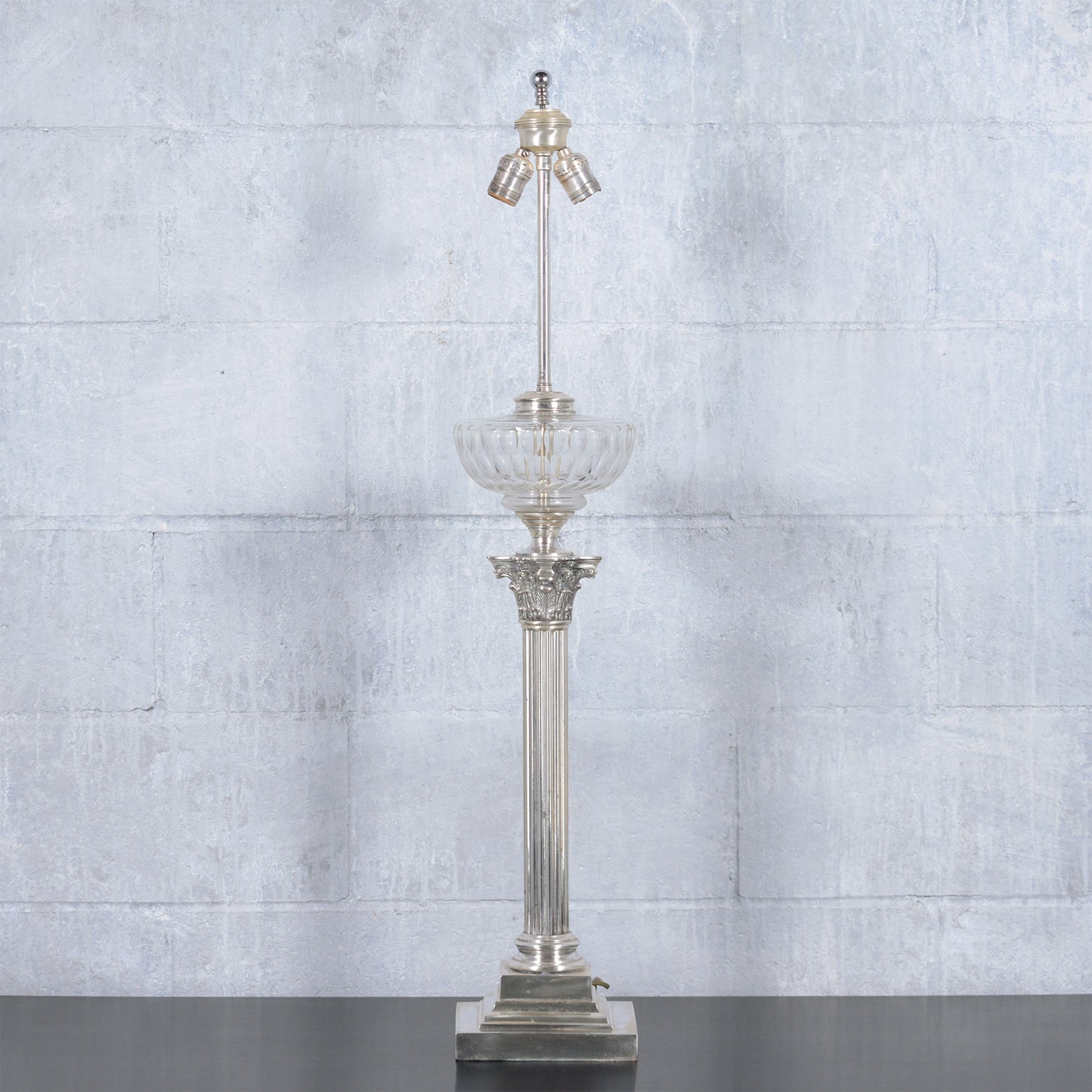 Restored Vintage Regency-Style Lamp Table with Silver Finish and Glass Urn
