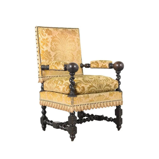 19th Century French Oak Armchair: Dark Walnut Patina Finish & Floral Upholstery