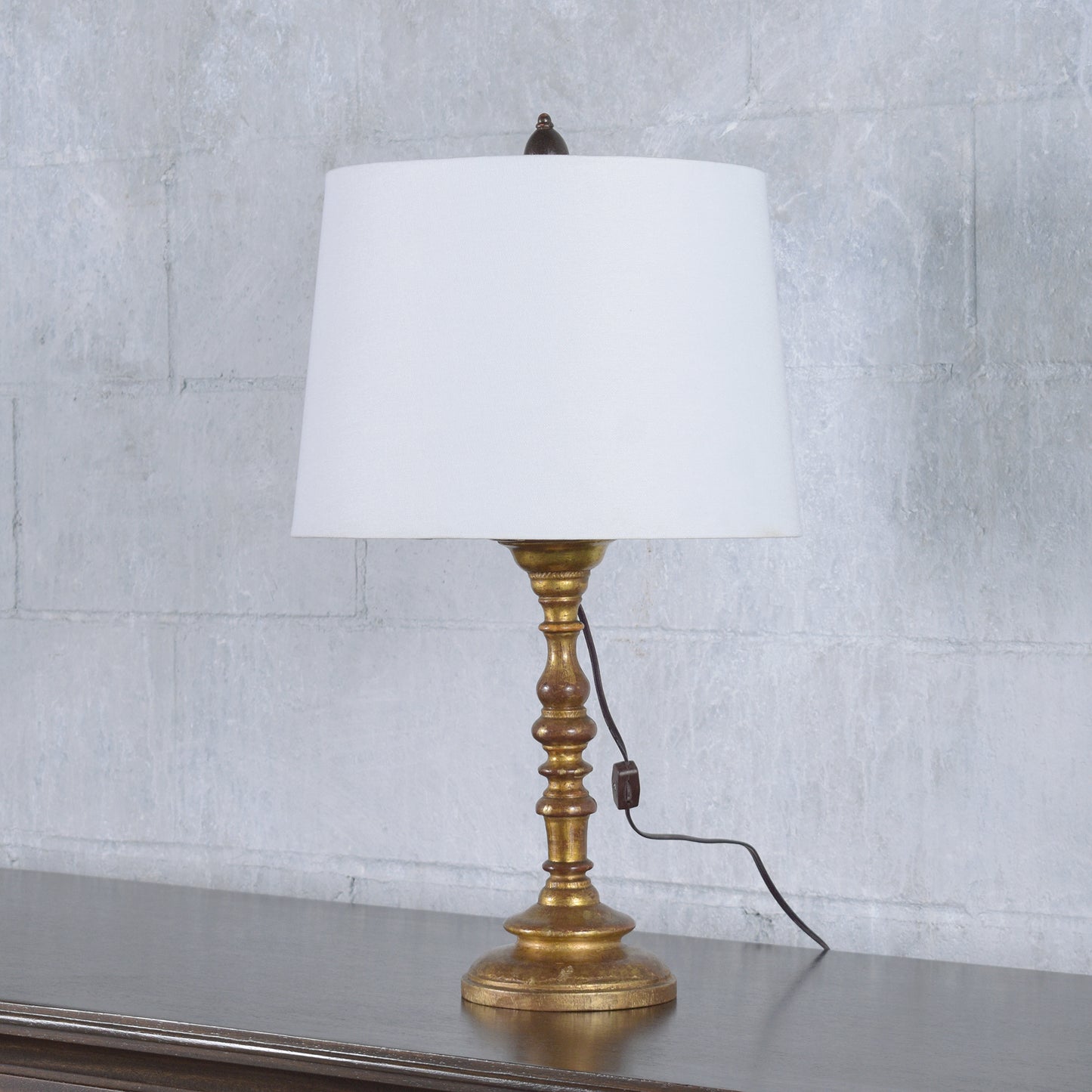 19th-Century Hand-Crafted Giltwood Table Lamp with New Off-White Shade