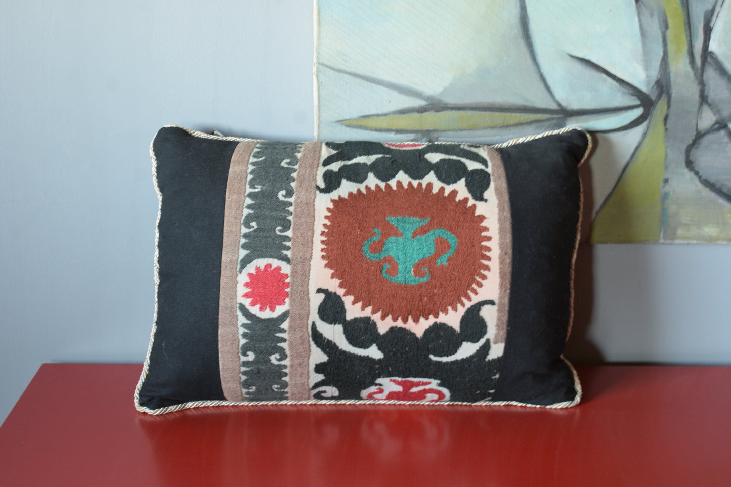 Antique Embroidered Nim Suzani Pillows with Black Linen
