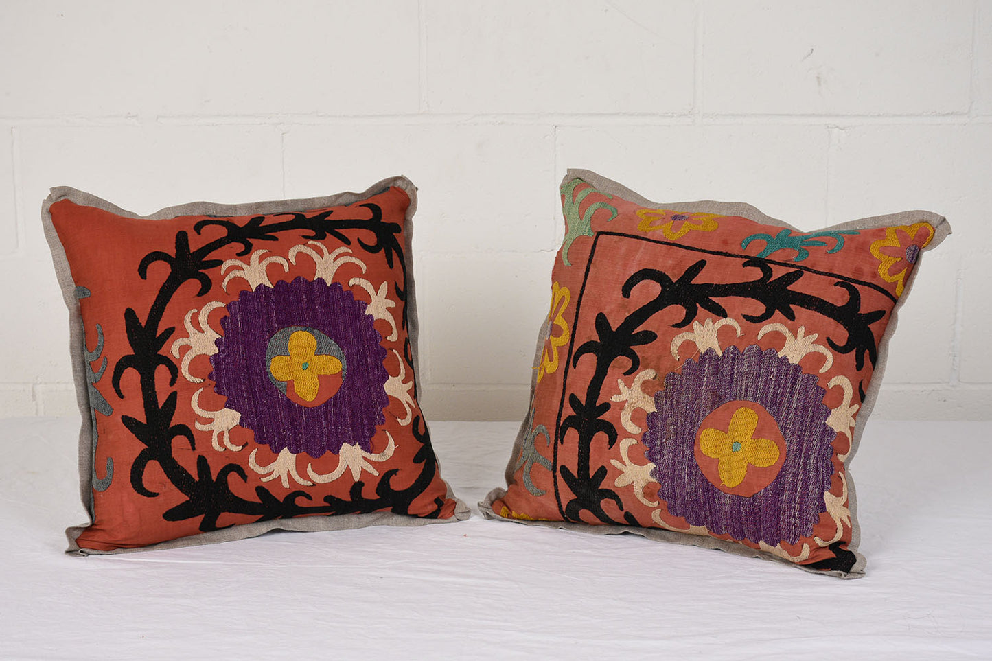 Antique Nim Suzani Embroidered Pillows with Belgium Linen Accents