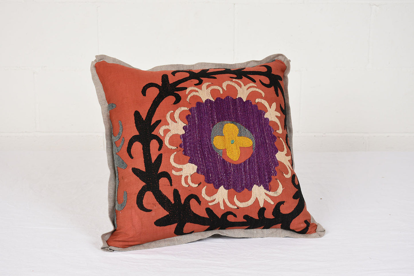 Antique Nim Suzani Embroidered Pillows with Belgium Linen Accents
