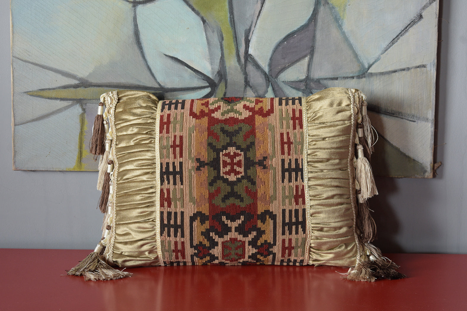 French 19th Century Antique Floral Tapestry Accent Pillows with Gold Velvet