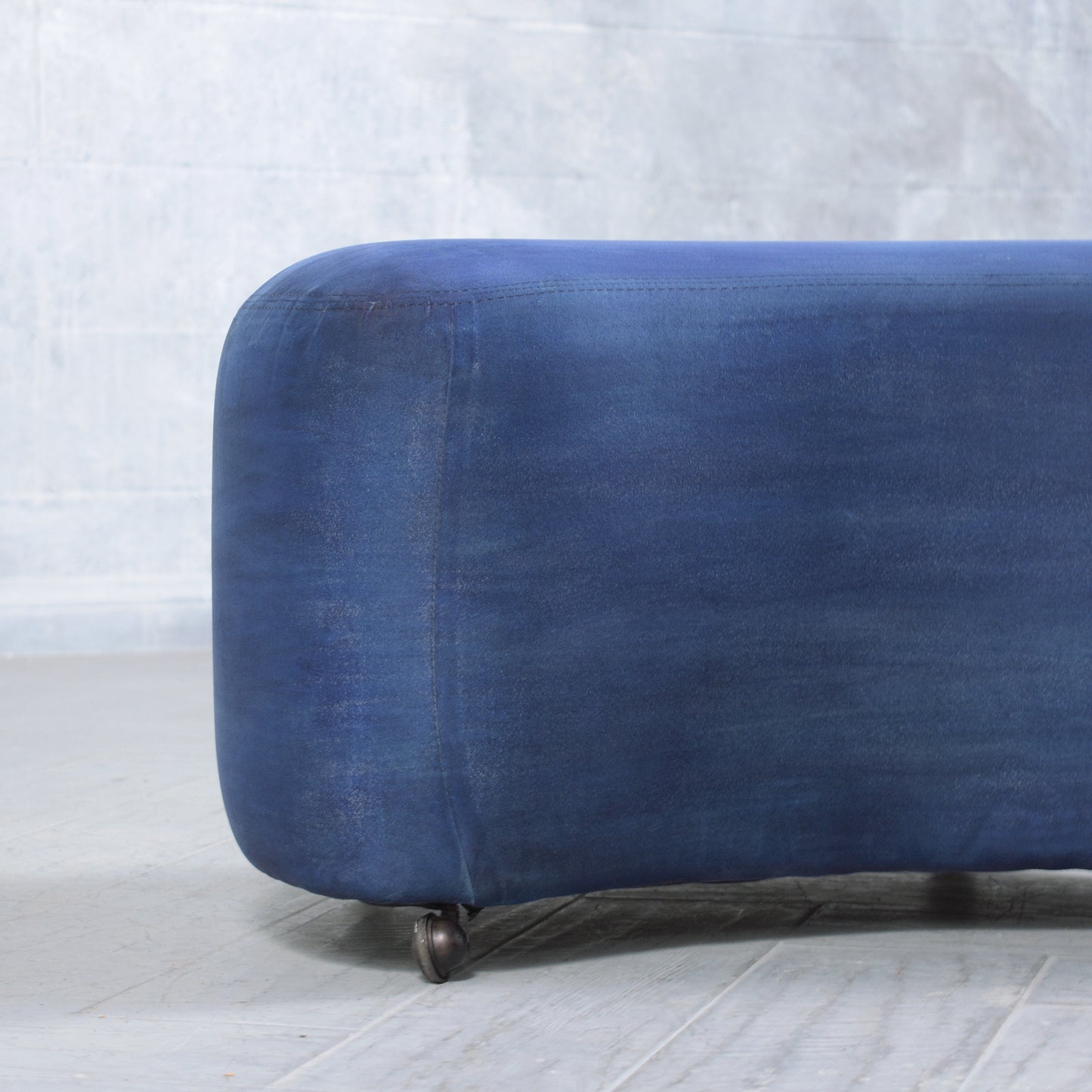 Mid-Century Modern Ottoman in Navy Blue Suede with Caster Wheels