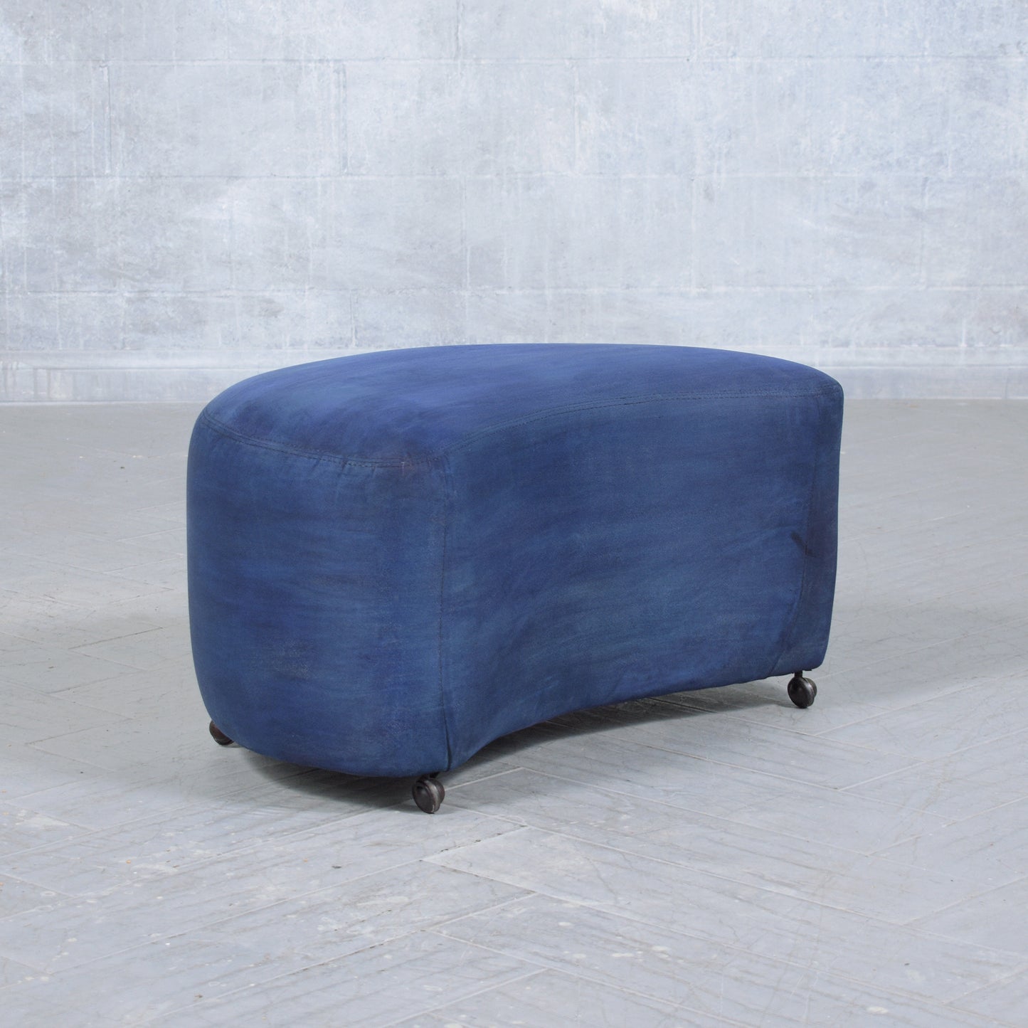 Mid-Century Modern Ottoman in Navy Blue Suede with Caster Wheels