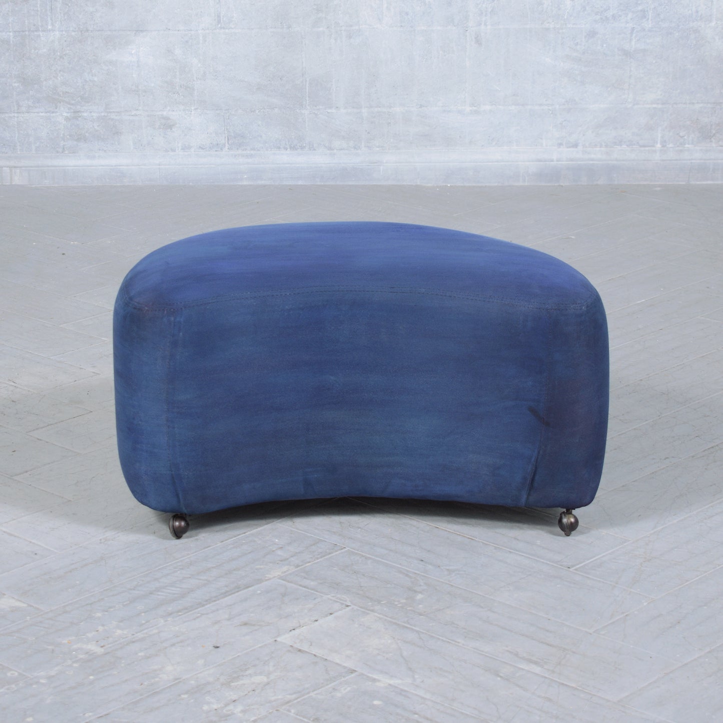 Mid-Century Modern Ottoman in Navy Blue Suede with Caster Wheels