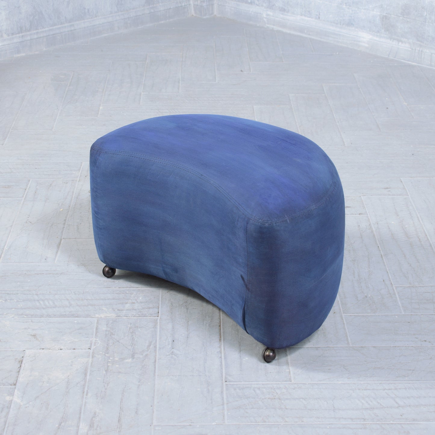 Mid-Century Modern Ottoman in Navy Blue Suede with Caster Wheels