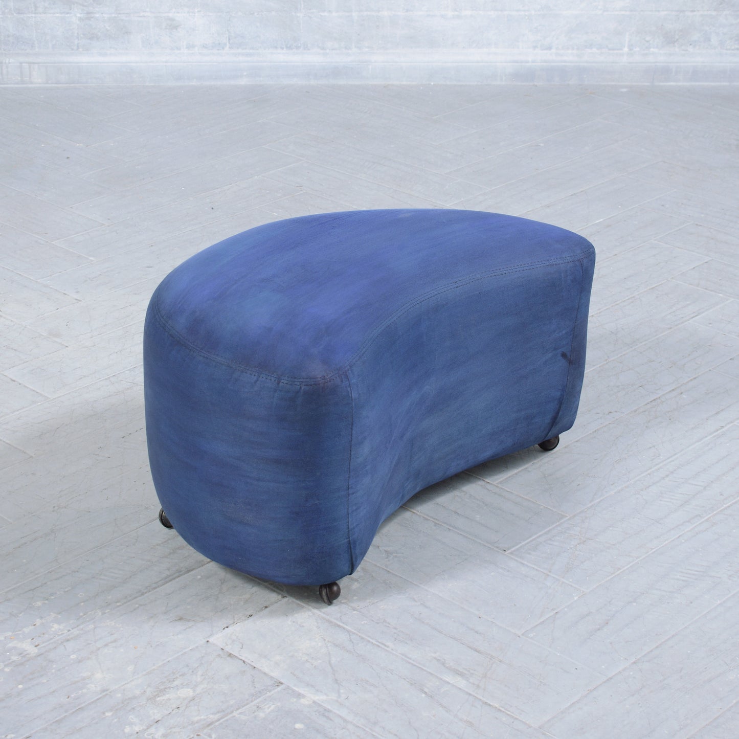 Mid-Century Modern Ottoman in Navy Blue Suede with Caster Wheels