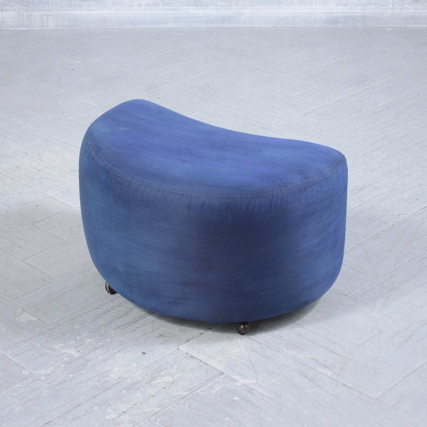 Mid-Century Modern Ottoman in Navy Blue Suede with Caster Wheels