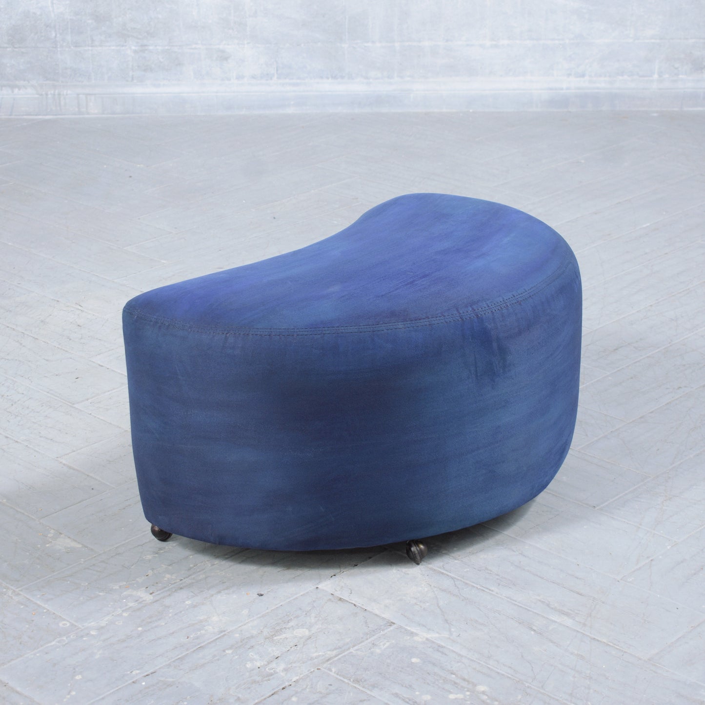 Mid-Century Modern Ottoman in Navy Blue Suede with Caster Wheels