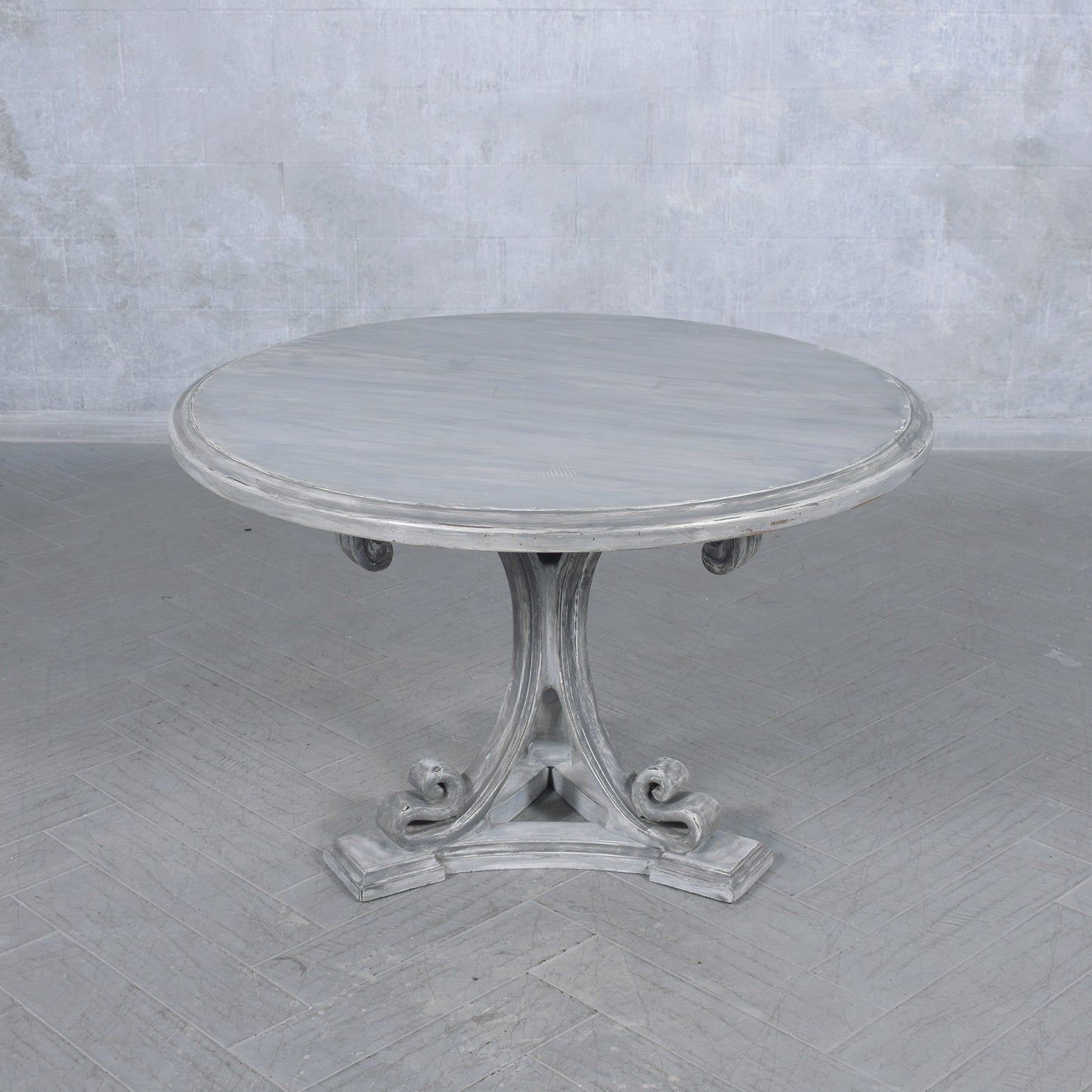 Vintage American Regency Walnut Round Dining Table with Distressed Grey Finish