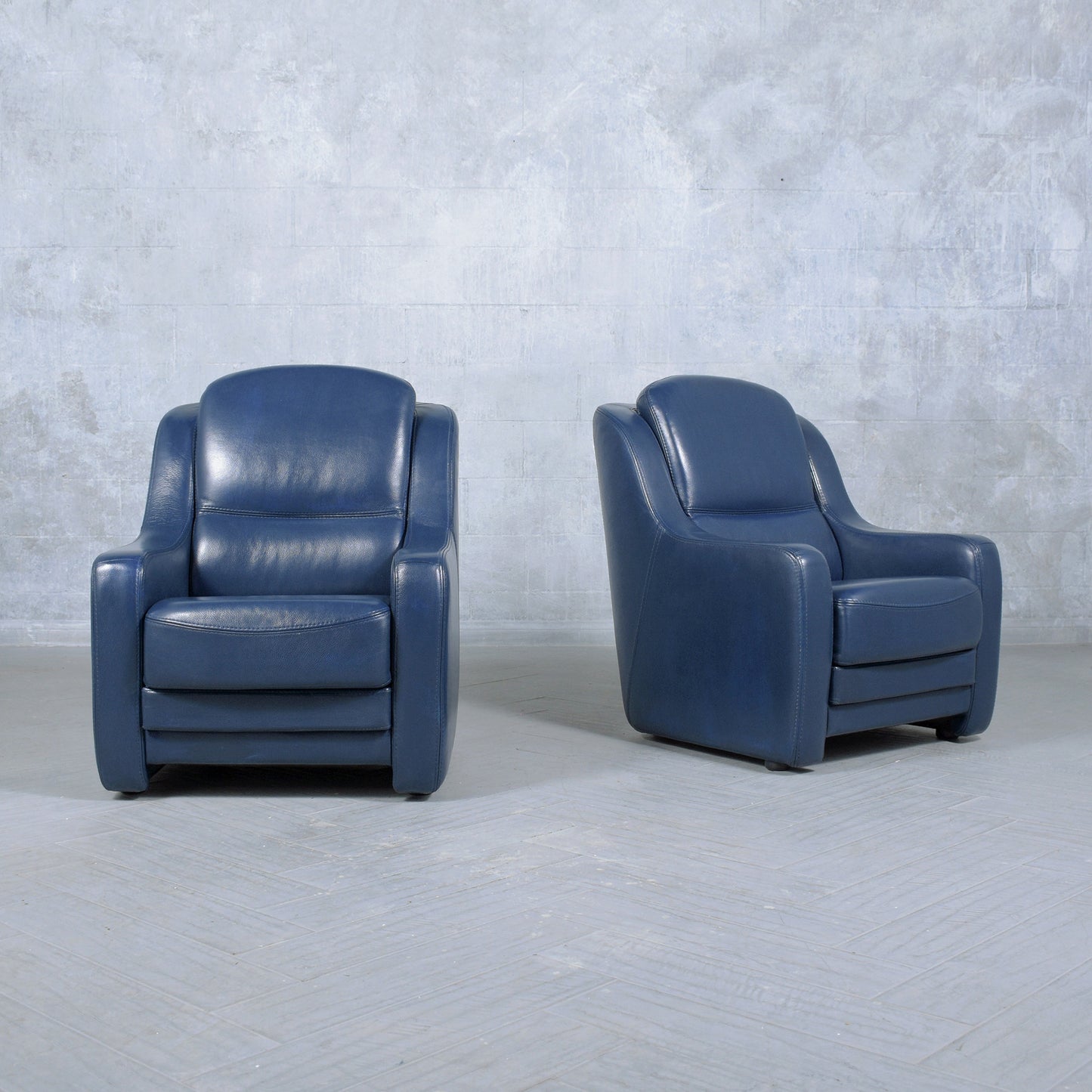 Vintage French Navy Blue Leather Lounge Chairs