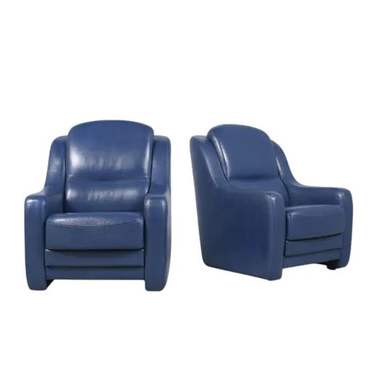 Vintage French Navy Blue Leather Lounge Chairs